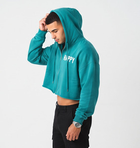<b>Men</b> Crop Zipper Hoodie <b>Top</b> Casual 100%Cotton Drop Shoulder Running Hoody Zipper <b>Top</b> Oversize Fleece Workout <b>Zip</b> <b>Up</b> Crop Hood <b>Top</b> - Product Image 3