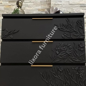 Luxury Handcrafted Solid Wood 3 Drawer Dresser Ornate Floral Branch Relief Carving Matte Black Finish - Product Image 3
