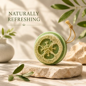 Savon exfoliant bio au loofah, fait main, aux extraits végétaux pour une exfoliation douce du corps. Fabrication OEM disponible. - Product Image 5