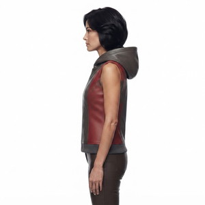 Chaleco de cuero OEM sin mangas para mujer, 100% cuero, con cremallera frontal, chaleco con capucha de cuero para mujer - Product Image 3