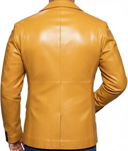 Men's Mustard Leather Blazer Slim Fit Turn-down Collar Single Button <b>Smart</b> <b>Casual</b> Autumn Wear - Product Image 5