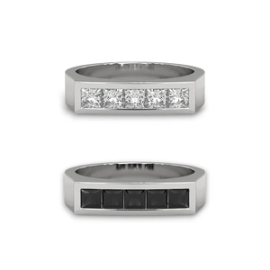 Bague à quatre faisceaux de diamants taillés carrés en argent sterling, design moderne et minimaliste avec variantes de diamants blancs et noirs - Product Image 3