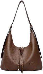 Bolso hobo de cuero genuino para mujer, cierre con cordón, estilo clásico, correa de hombro marrón, ligero, para uso diario, 34 cm x 21 cm, en venta - Product Image 3