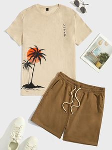 Conjunto de 2 Piezas para Hombre, Camiseta de Manga Corta con Estampado Tropical y Pantalones Cortos con Cintura Ajustable - Product Image 2