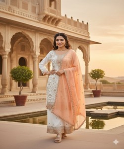 MODERN WOMEN GEORGETTE EMBROIDERY SEQUENCE WORK <b>TOP</b> PALAZZO WITH DUPATTA 83757 EID SPECIAL SALWAR KAMEEZ SET <b>MAROON</b> AC-7103 - Product Image 1