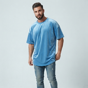 เสื้อยืดลำลองคอกลมแขนสั้นผ้าถักกำมะหยี่สำหรับผู้ชายทรงโอเวอร์ไซส์ระบายอากาศได้ดีสีพื้น - Product Image 1