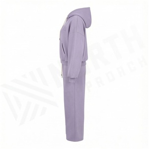 Conjunto Deportivo de 2 Piezas para Mujer, Color Lavanda, Sudadera con Capucha y Cierre Completo, Pantalones Anchos, Corte Holgado Informal, Color Sólido, Ropa de Otoño - Product Image 3