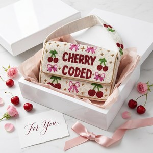 Cherry Coded Embroidered Beaded <b>Clutch</b> Bag With Pink Bows And <b>Red</b> Cherries Craft handbag Women fashion beaded accessory - Product Image 5