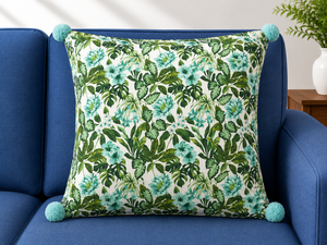 Funda de Cojín de Lujo con Estampado de Hojas Tropicales y Bordes de Pompones Hechos a Mano, Decoración Contemporánea para el Hogar, 100% Lino - Product Image 2