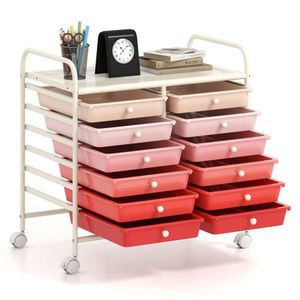 Carrito de Almacenamiento Rodante de 2 Niveles y 10-12 Cajones con Cajones Rosados Multicolor y 4 Ruedas Blancas (2 con Freno) - Product Image 1