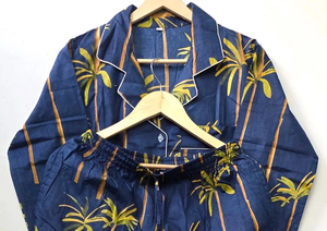 Handcrafted Luxury Cotton Nightwear Tropical Palm Tree Print Indigo Blue Pajama Set Contrast Piping Comfortable Summer Autumn - Product Image 1