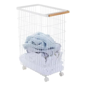 Wire Mesh Laundry Basket with Wooden Handle Wheels Hooks & Stands 18.75x17x24 Inch Durable Metal Storage Cart for Home Use - Product Image 2