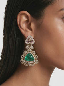 <b>Emerald</b> Doublets Zircon Studded <b>Gold</b> Plated Brass Indian Ethnic Festive Fashion Statement Dangle Handmade <b>Earrings</b> Seaila - Product Image 2