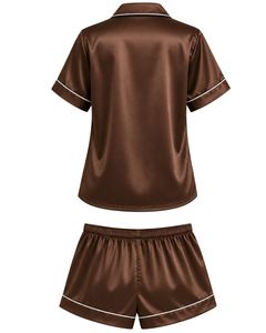 Conjunto de pijama de satén marrón chocolate personalizado para mujer, ropa de dormir de seda de lujo, traje de noche con botones, ropa de descanso suave de manga corta - Product Image 2