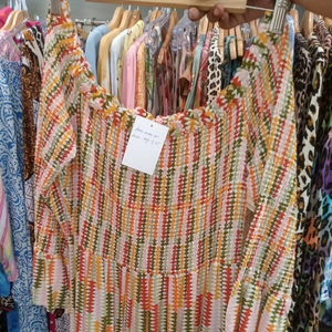 Vestido Boho de Algodón con Estampado Geométrico Pinkweave, Cuello Cuadrado Fruncido, Largo Regular, Casual, para Verano, Resort, Elástico, para Fiesta - Product Image 1