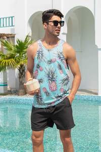 Camiseta sin mangas de punto con estampado de piña azul claro para hombre, cuello redondo, informal, transpirable, para verano y entrenamiento - Product Image 5
