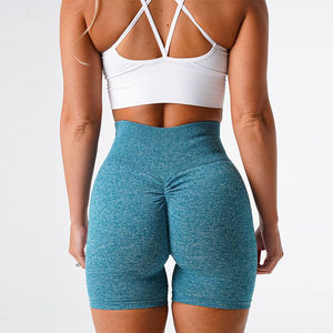 High Waist V-neck Gray Yoga <b>Shorts</b> Racerback Compression <b>Ruched</b> Seamless Spandex Polyester 220g Elastic Set - Product Image 5