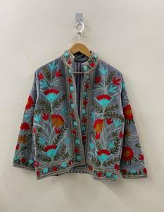 Floral Embroidered Velvet <b>Jacket</b> <b>Women</b> Mandarin Collar Open Front Boho Style <b>Spring</b> Outerwear Full Sleeve Handmade Design - Product Image 3