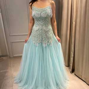 Vestido de Noche Largo Azul Claro con Cuentas para Mujer, Tirantes Finos, Corsé Adornado, Silueta Sirena de Gasa - Product Image 2