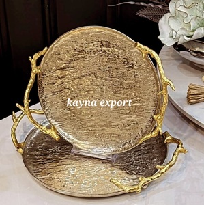 Fancy Luxury Decorative round Aluminum Metal <b>Tray</b> <b>Gold</b> Plated Leaf Handle Handmade Food <b>Serving</b> Dish <b>Tray</b> for Party Use - Product Image 3
