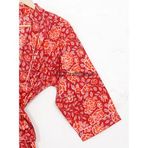 Casual Romantic 100% Cotton Full Length Drawstring Closure <b>Kimono</b> Night Wear Gown <b>Beach</b> Wear Floral Indian Design Summer - Product Image 3