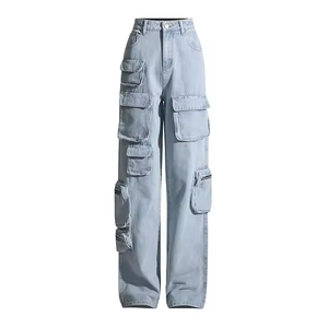 Jean droit décontracté indigo personnalisé pour femme, taille mi-haute, en denim long, 100 % coton, finition délavée - Product Image 6