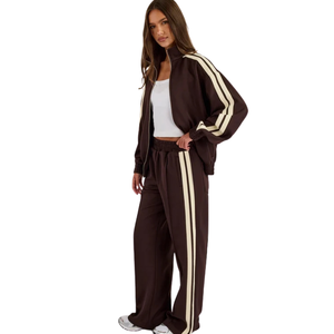 Women Full <b>Zip</b> <b>Hooded</b> Tracksuit Set Contrast Sleeve Stripes Wide Leg Trousers Drawstring Waist Loose Two Piece Streetwear Outfit - Product Image 3