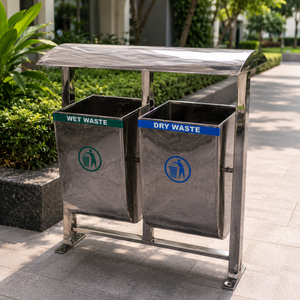 Stainless Steel Dual Waste Segregation Dustbin Wet Dry Garbage Bin Outdoor Public Park Trash Can With <b>Canopy</b> Stand - Product Image 3