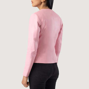 <b>Pink</b> <b>Biker</b> Motorcycle <b>Jacket</b> Collarless Leather Zipper Closure Spread Collar Solid Autumn Windproof Knitted Polyester - Product Image 2