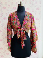 Top de seda estampado para mujer, top cruzado estilo bohemio, blusa con mangas acampanadas