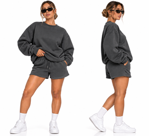 Ensemble sweat-shirt et short oversize pour femme, 2 pièces, ensemble de survêtement décontracté en molleton épais, pull à épaules tombantes, été - Product Image 5