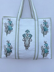 Fashionable <b>White</b> Cotton Tote <b>Bag</b> With Blue Floral Embroidery Panelled Bohemian Style Open Top Shopping <b>Bag</b> For Women All Season - Product Image 2