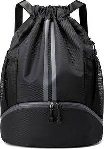 Black Canvas <b>Drawstring</b> <b>Backpack</b> with Shoulder Strap and Wet Dry Pockets 30-40L for Gym Sports Travel - Product Image 2