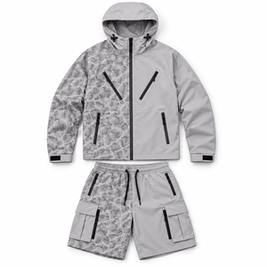 Private Label <b>Windbreaker</b> <b>Camo</b> Track Suit Water Reflective 100% Nylon <b>Windbreaker</b> Utility Pocket Shorts Set For Men's Zip Up USA - Product Image 3