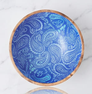 Ensemble de saladiers en bois faits à la main de style bohème avec imprimé paisley bleu et cuillères assorties pour un usage domestique - Product Image 2