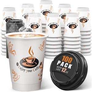 Confezione da 100 Bicchieri da Caffè Usa e Getta da 12 oz con Doppia Parete Isolante e Coperchi, per Uso Quotidiano, in Carta - Product Image 1