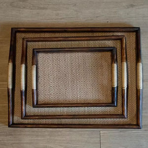 Plateau à thé en bois, plateau de service en bois dur et bambou pour le thé ou le pique-nique, plateau de service de style ottoman, fait main en Thaïlande - Product Image 1