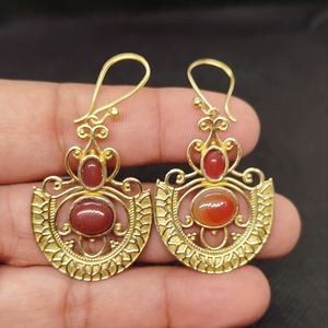 New Arrival Brass Gold Plated Orange Quartz Stone Flower Patterned Handmade <b>Earrings</b> for Women Girls Wear Wedding Party's - Product Image 1