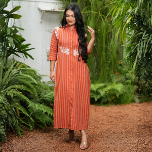 Robe maxi élégante pour femmes en coton et lin orange - Product Image 3