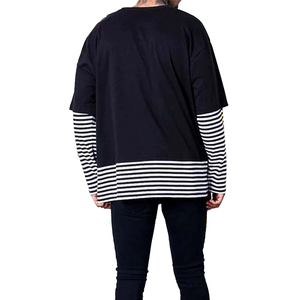 เสื้อยืดแขนยาวผู้ชายทรงโอเวอร์ไซส์ สีดำลายทาง แต่งขอบตัดกัน ผ้าถักคอตตอน สไตล์สตรีท คอกลม สองชั้น - Product Image 4
