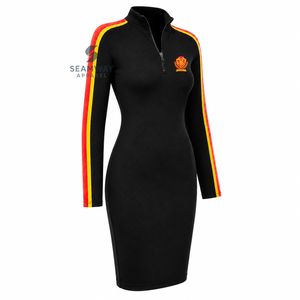 Vestido Casual Bodycon para Mujer NSPDK con Rayas en Contraste, Manga con Cierre de Cremallera, Cuello Simulado, Largo hasta la Rodilla, Ajuste Delgado y Bordado - Product Image 2