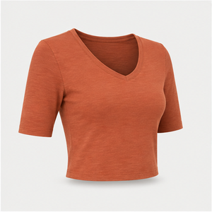 Camiseta Corta Ajustada con Cuello en V y Manga hasta el Codo en Color Naranja Óxido para Mujer WTS-0135 - Product Image 4