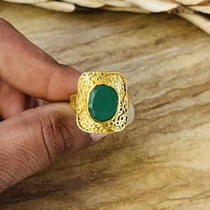 2026 High Demand Vintage Textured Green Onyx <b>Ring</b> Boho Brass Jewelry 18K Gold Plated Chunky <b>Statement</b> Wholesale <b>Ring</b> For Women - Product Image 5