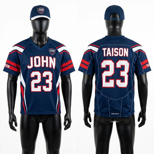 เสื้อลาครอสชาย 160 GSM ผ้าโพลีเอสเตอร์ตาข่ายระบายอากาศ สีกรมท่า แดง ขาว แบบสั่งทำพิเศษ พิมพ์ลายแบบ Sublimation เสื้อลาครอสชาย - Product Image 1