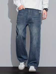 Jeans de Pierna Ancha de Corte Relajado Vintage para Hombre |   Pantalones Vaqueros Clásicos de Pierna Recta y Corte Holgado |   Ropa Urbana Ligera de Algodón Azul Retro - Product Image 1