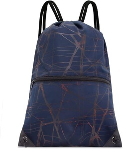 Navy Blue Nylon <b>Drawstring</b> <b>Backpack</b> with Abstract Pattern and Front Zipper Pocket - Product Image 1