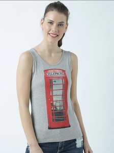 Camiseta sin mangas gris para mujer con estampado de cabina telefónica roja, cuello redondo, ropa informal - Product Image 5