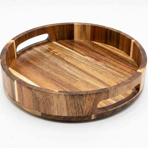 Plateau de service rond en bois d'acacia ALTAMASH CRAFT A/C 520 avec poignées latérales, design floral et fruité moderne pour la cuisine et la table à manger - Product Image 1