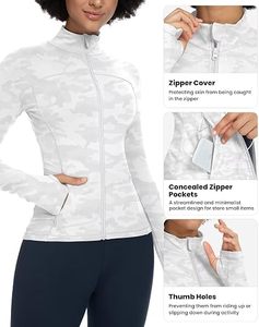 Chaqueta Deportiva Blanca de Camuflaje para Mujer, Manga Larga, Cierre de Cremallera, Transpirable, Cuello Alto, Bolsillos, Corte Regular, para Todas las Temporadas - Product Image 3