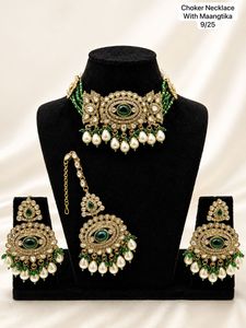 Gold Plated Zinc Alloy Choker Necklace Maangtika Earring <b>Set</b> Imitation <b>Pearl</b> Channel Setting for Women Wedding <b>Jewelry</b> - Product Image 2